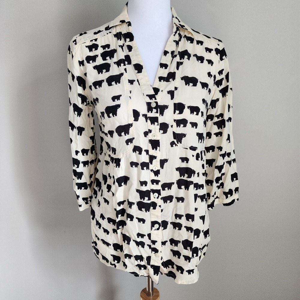 Maeve Anthropologie Bear Print Shirt Womens 4 Canadian Wildlife Black Bears Fun